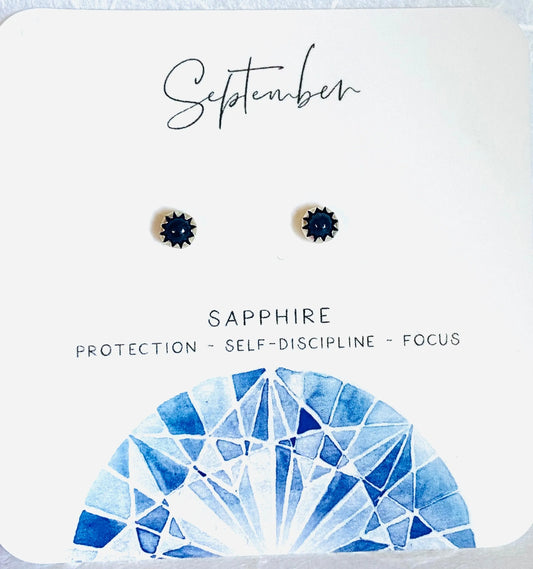 September birthstone silver studs with deep blue sapphire gemstones, symbolizing protection and focus, perfect for birthday gifts.