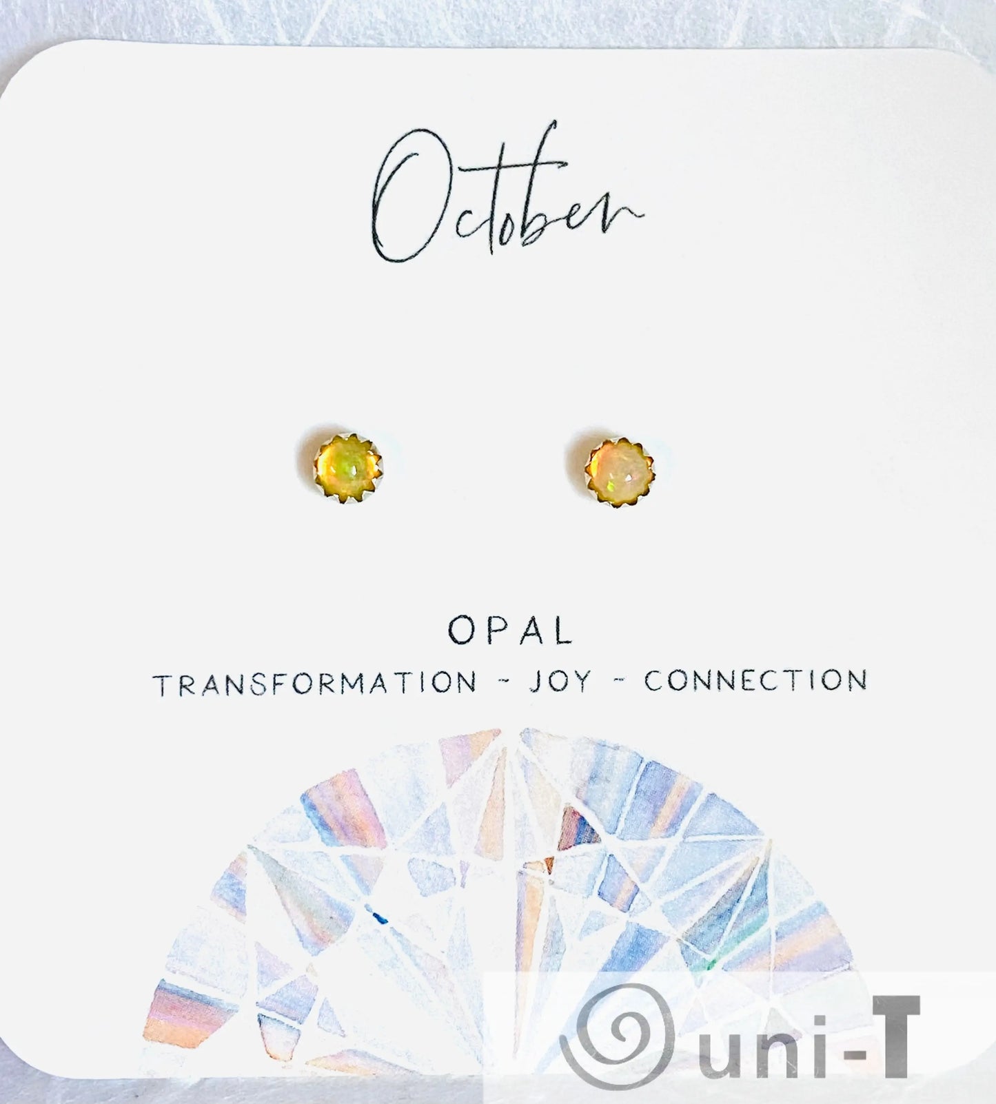 October birthstone opal silver studs with iridescent glow, symbolizing transformation and joy, ideal for meaningful birthday gifts.