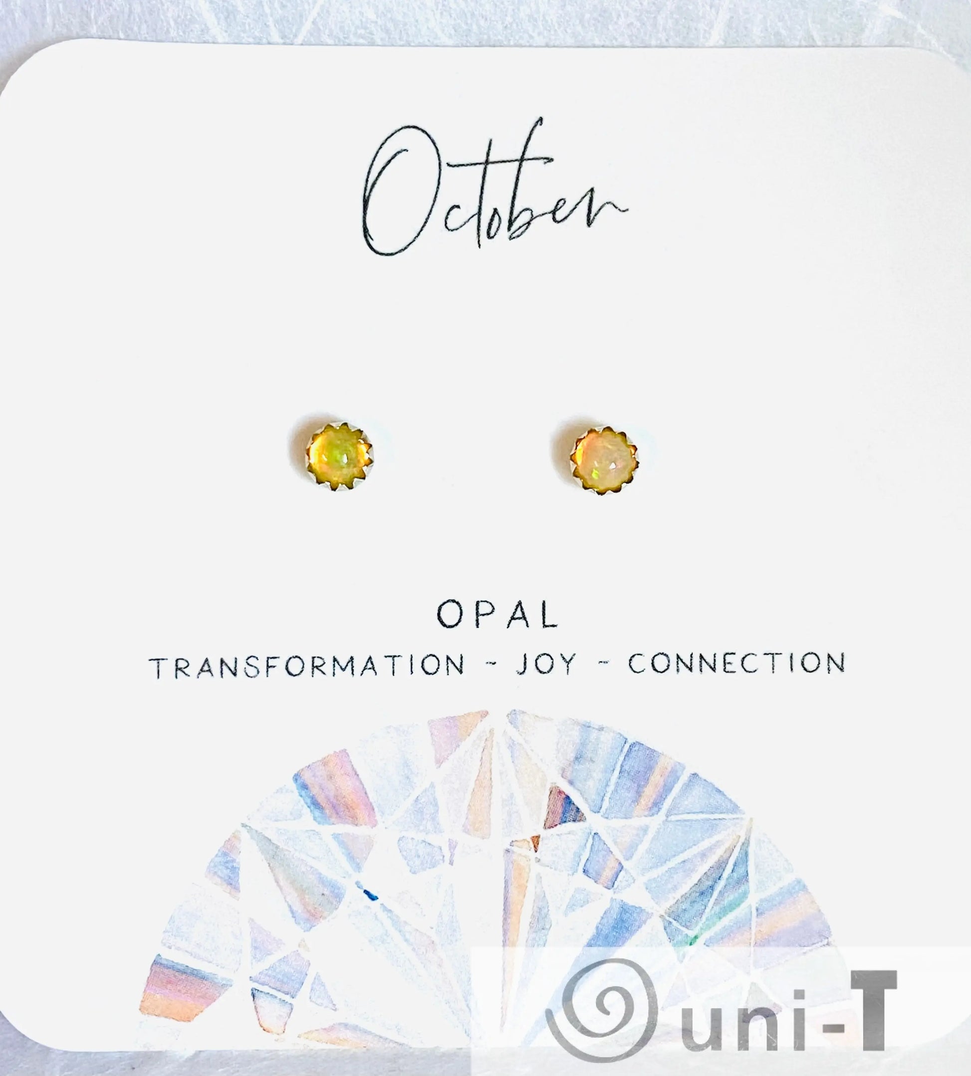 October birthstone opal silver studs with iridescent glow, symbolizing transformation and joy, ideal for meaningful birthday gifts.