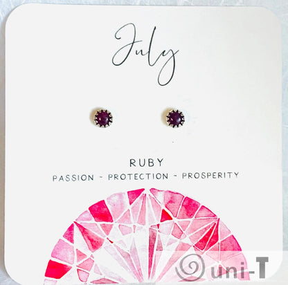 July birthstone ruby silver studs with rich red gemstones, symbolizing passion and prosperity, ideal for birthday or anniversary gifts.