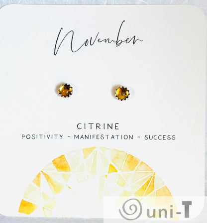 November birthstone citrine silver studs with golden yellow gemstones, representing positivity and success, great for gifting.