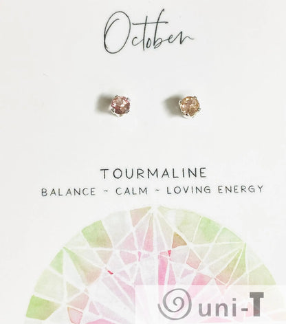 October birthstone pink tourmaline silver studs symbolizing balance and loving energy, handcrafted for thoughtful birthday gifts.