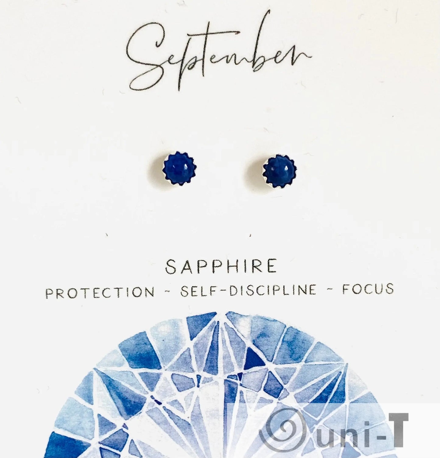 September sapphire birthstone silver studs with deep blue stones, handcrafted for elegance and self-discipline symbolism.