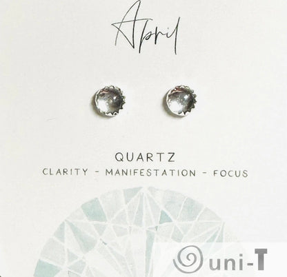 April birthstone quartz silver studs with clear gemstones, symbolizing clarity and manifestation, ideal for minimalist jewelry lovers.