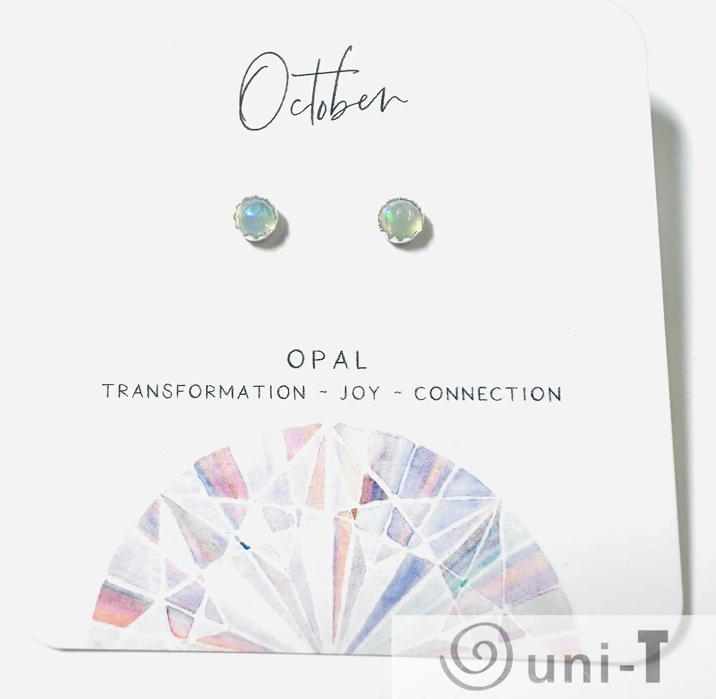 October opal birthstone silver studs with iridescent gemstones, representing joy and connection, ideal for unique jewelry gifts.