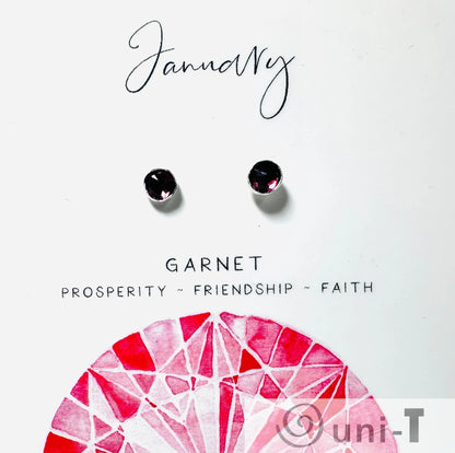 January birthstone garnet silver studs with deep red gemstones, symbolizing prosperity and friendship, ideal for gifting.