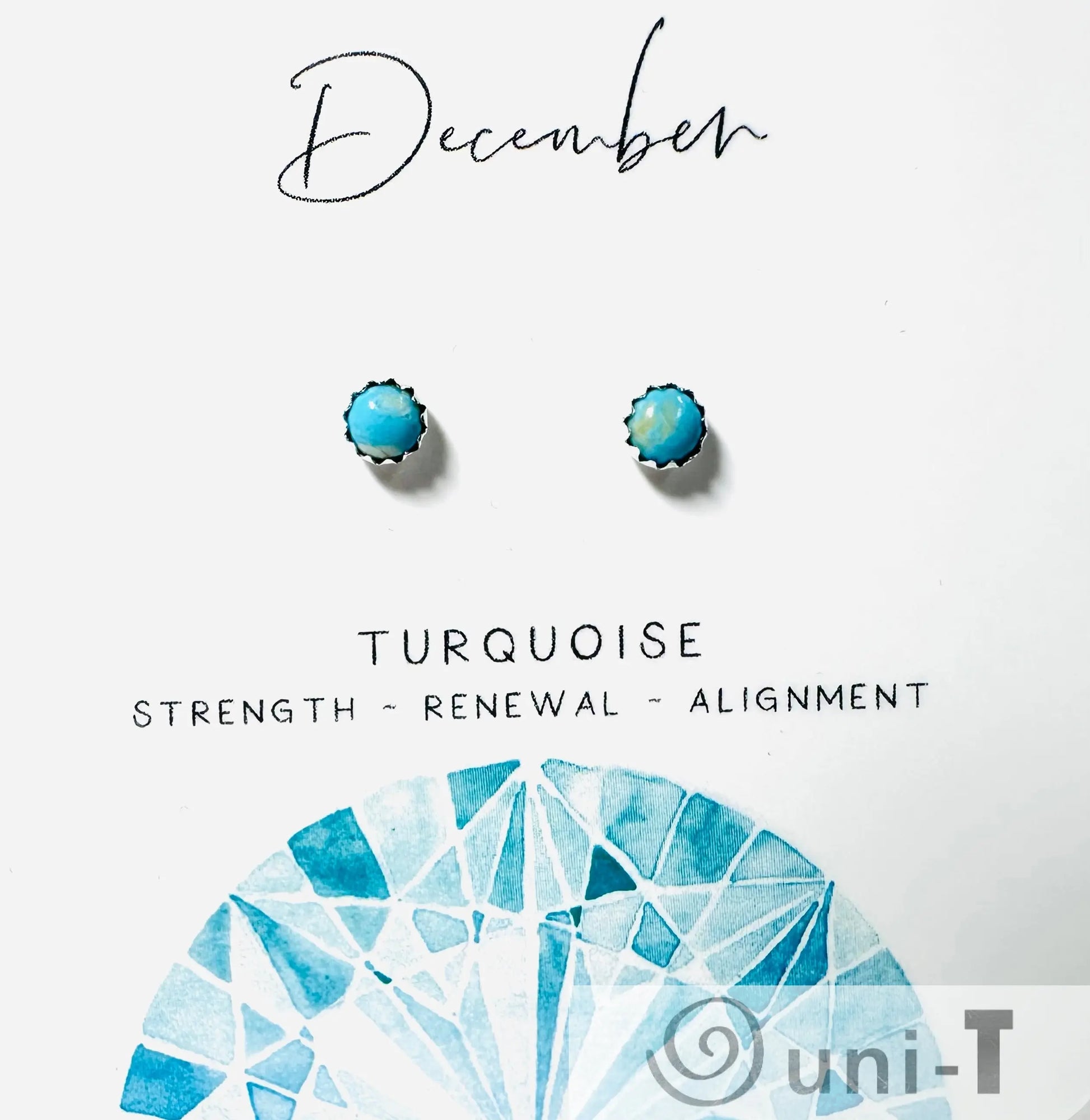 December turquoise birthstone silver studs with bright blue gemstones, representing renewal and alignment, perfect for winter gifts.