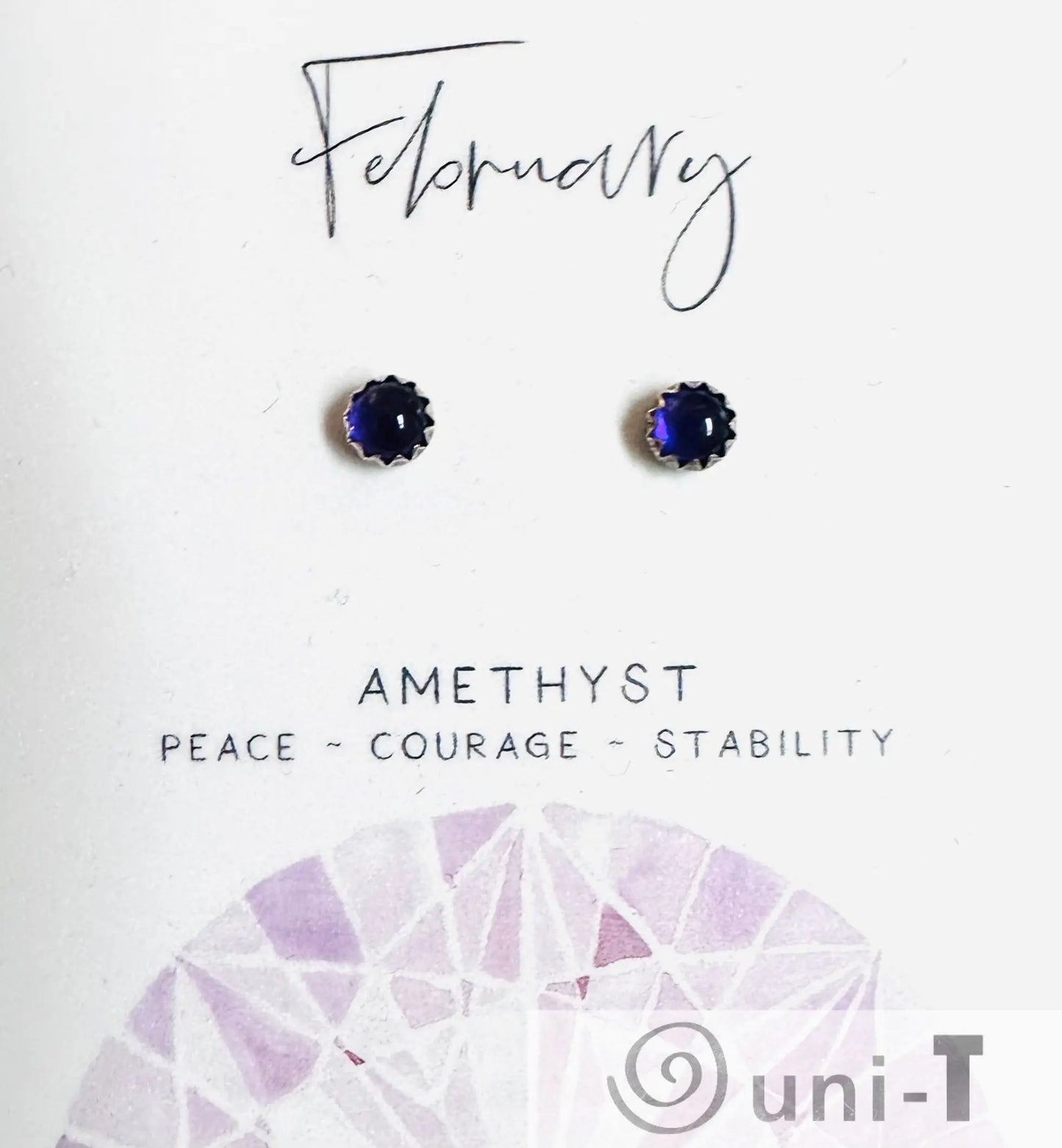 February amethyst birthstone silver studs with purple gemstones, symbolizing peace and courage, ideal for spiritual jewelry lovers.