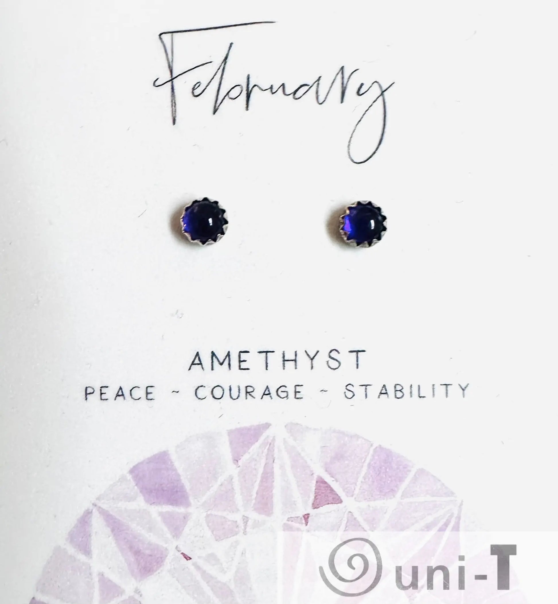 February amethyst birthstone silver studs with purple gemstones, symbolizing peace and courage, ideal for spiritual jewelry lovers.