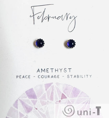 February amethyst birthstone silver studs with purple gemstones, symbolizing peace and courage, ideal for spiritual jewelry lovers.