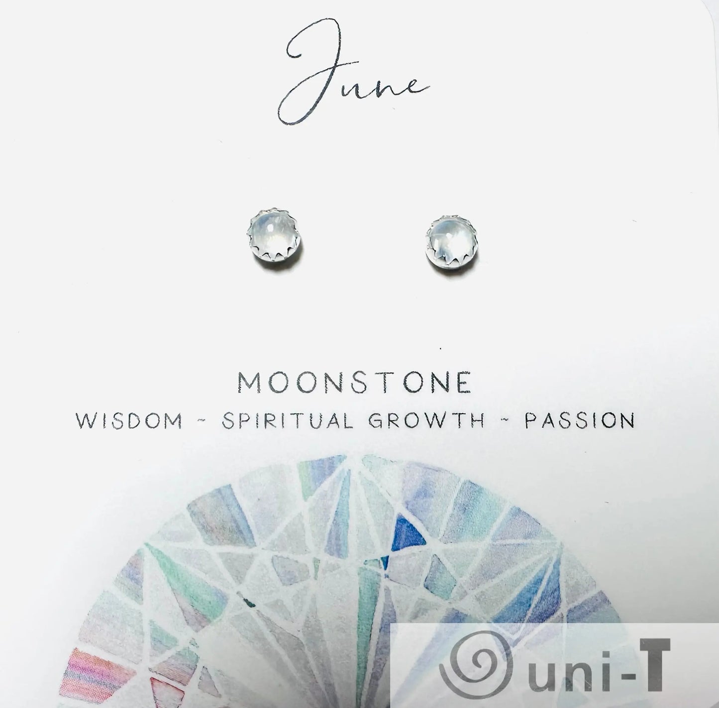 June moonstone birthstone silver studs with soft iridescent glow, representing wisdom and spiritual growth, perfect for gifting.