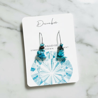 Turquoise birthstone earrings on jewelry card