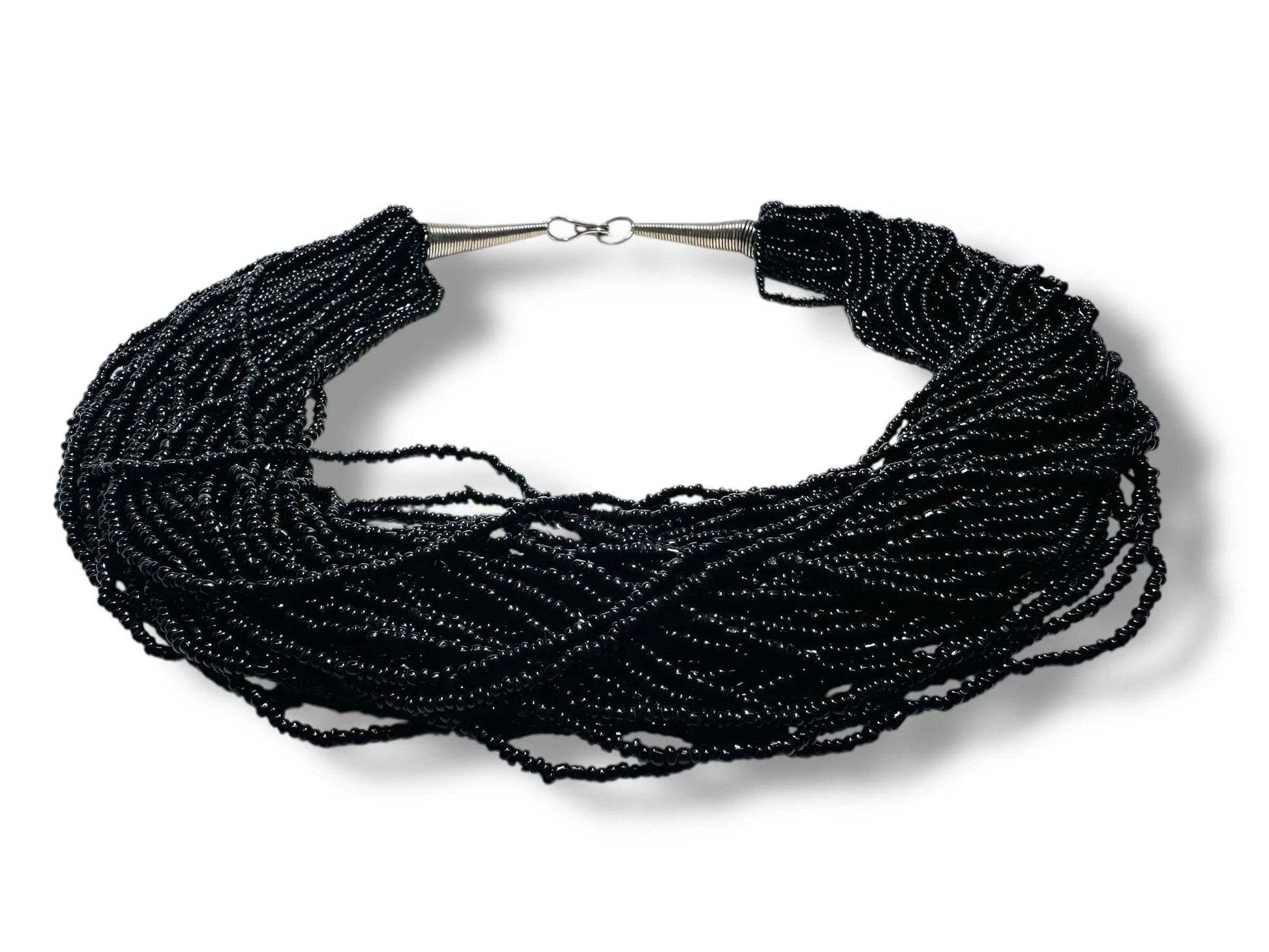 Black Beaded Necklace - Vintage Style Jewelry featuring layered strands of small black glass beads with a twisted design, ideal for statement looks.