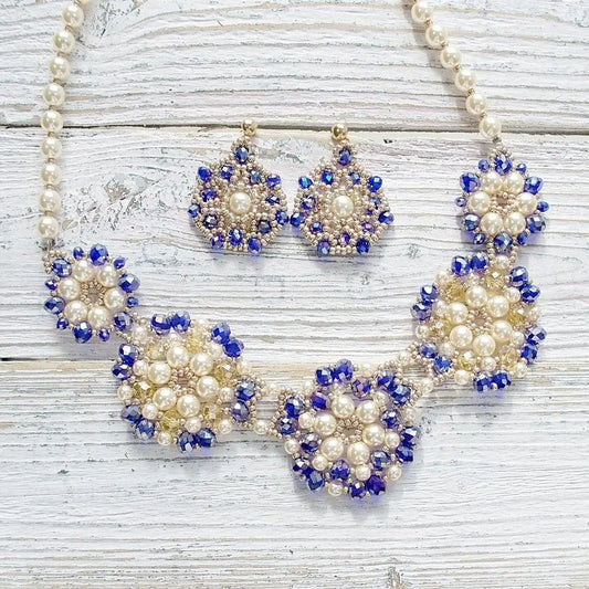 Blue Crystal & Pearl Statement Necklace - Uni-T
