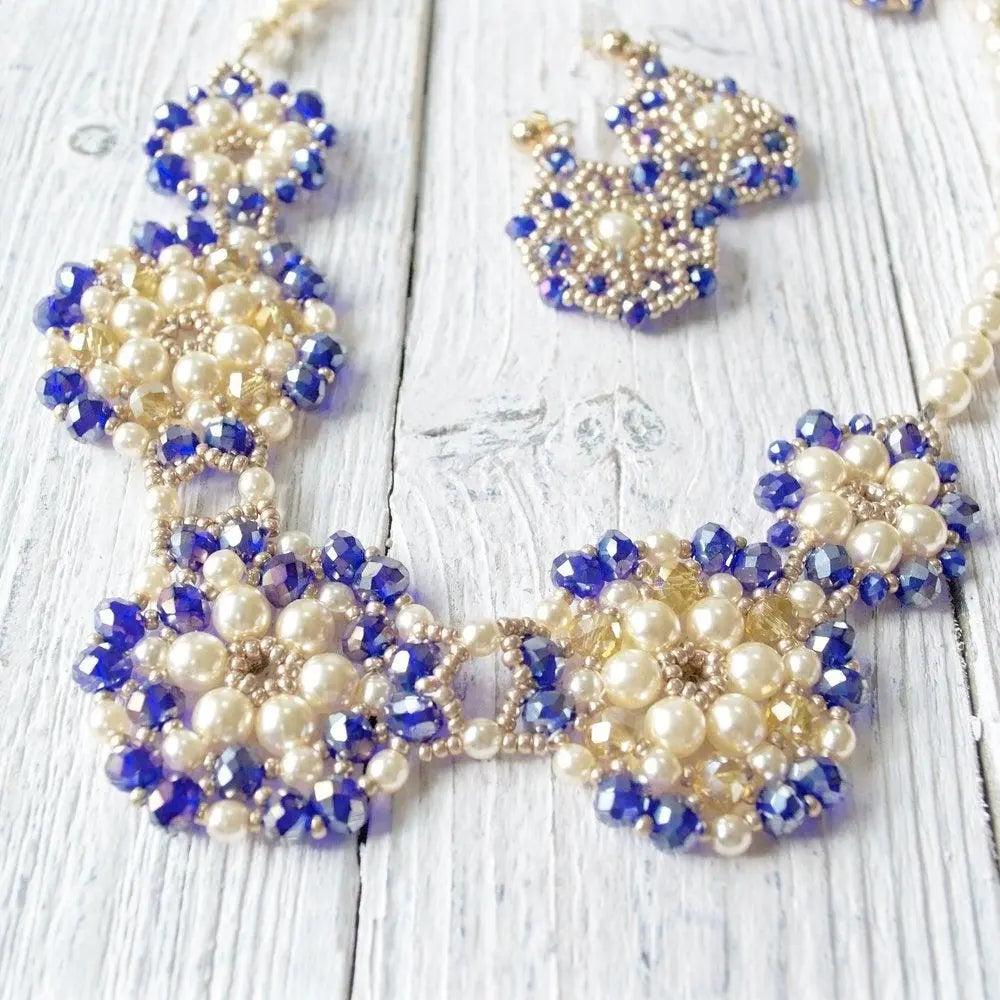 Blue Crystal & Pearl Statement Necklace - Uni-T