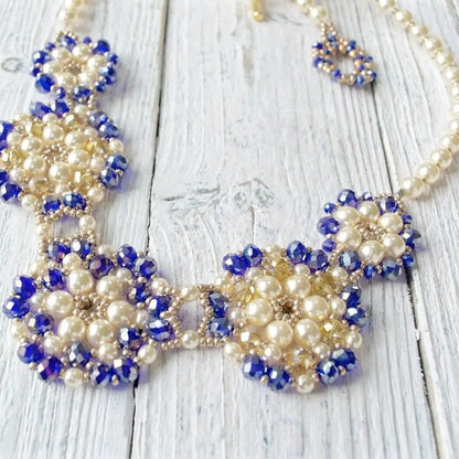 Blue Crystal & Pearl Statement Necklace - Uni-T
