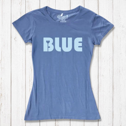 Women's blue T-shirt in bamboo and organic cotton with bold 'BLUE' text on front. Eco-friendly casual wear by Uni-T for stylish everyday outfits.