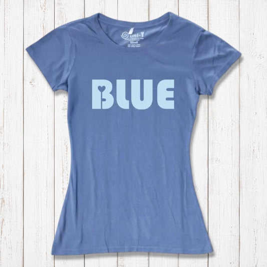 Women's blue T-shirt in bamboo and organic cotton with bold 'BLUE' text on front. Eco-friendly casual wear by Uni-T for stylish everyday outfits.