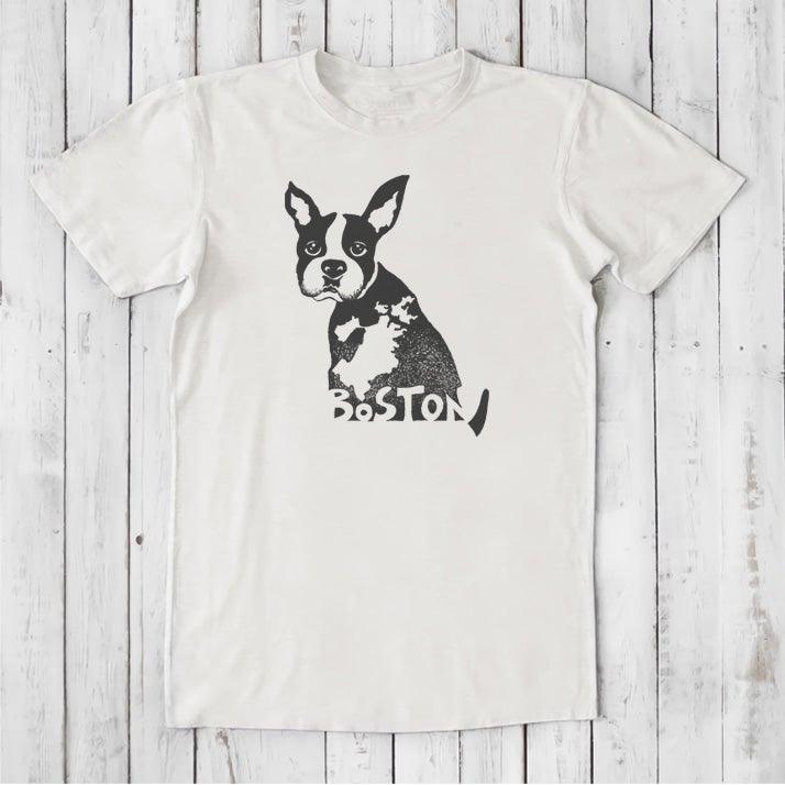 Men's Boston Terrier T-Shirt in bamboo and organic cotton, natural white color with black Boston dog graphic and 'Boston' text, eco-friendly gift.