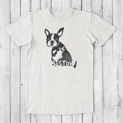 Men's Boston Terrier T-Shirt in bamboo and organic cotton, natural white color with black Boston dog graphic and 'Boston' text, eco-friendly gift.