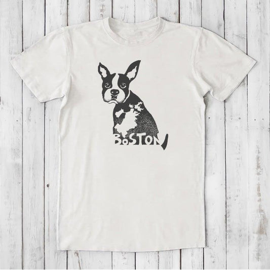Men's Boston Terrier T-Shirt in bamboo and organic cotton, natural white color with black Boston dog graphic and 'Boston' text, eco-friendly gift.