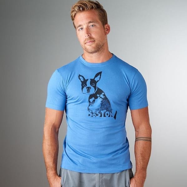 Blue men's Boston Terrier graphic tee made from bamboo and organic cotton, featuring a bold dog print and 'Boston' lettering, perfect for dog lovers.