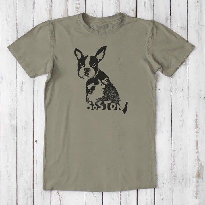 Olive green Boston Terrier T-shirt for men in sustainable bamboo and organic cotton, featuring a black dog graphic and Boston city pride design.