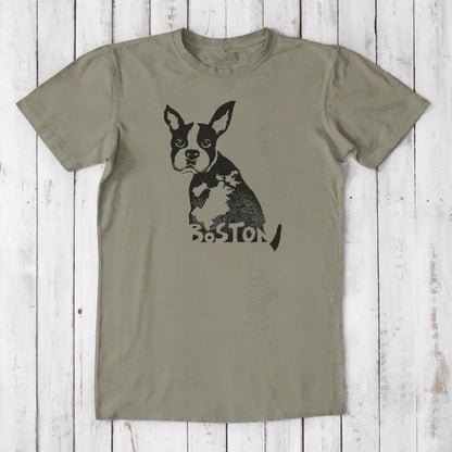 Olive green Boston Terrier T-shirt for men in sustainable bamboo and organic cotton, featuring a black dog graphic and Boston city pride design.