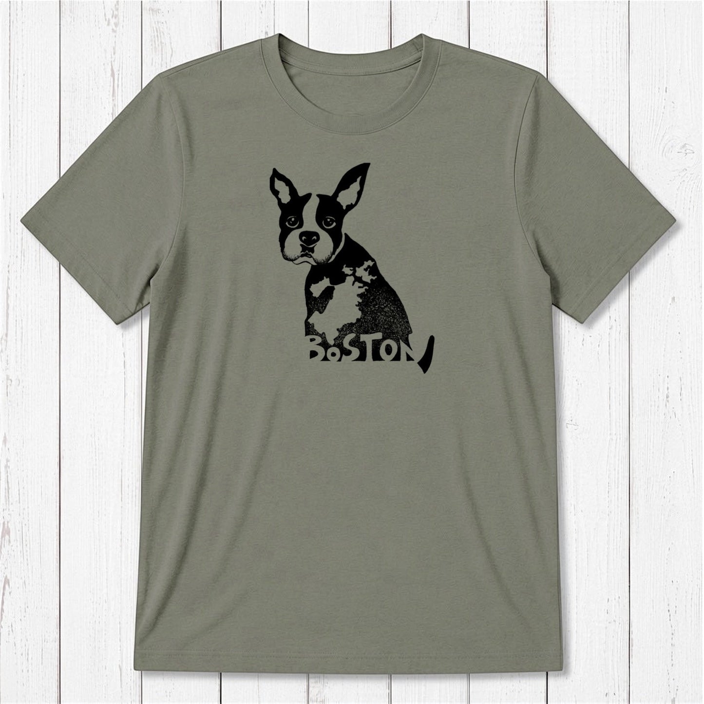 Olive green Boston Terrier T-shirt for men in sustainable bamboo and organic cotton, featuring a black dog graphic and Boston city pride design.