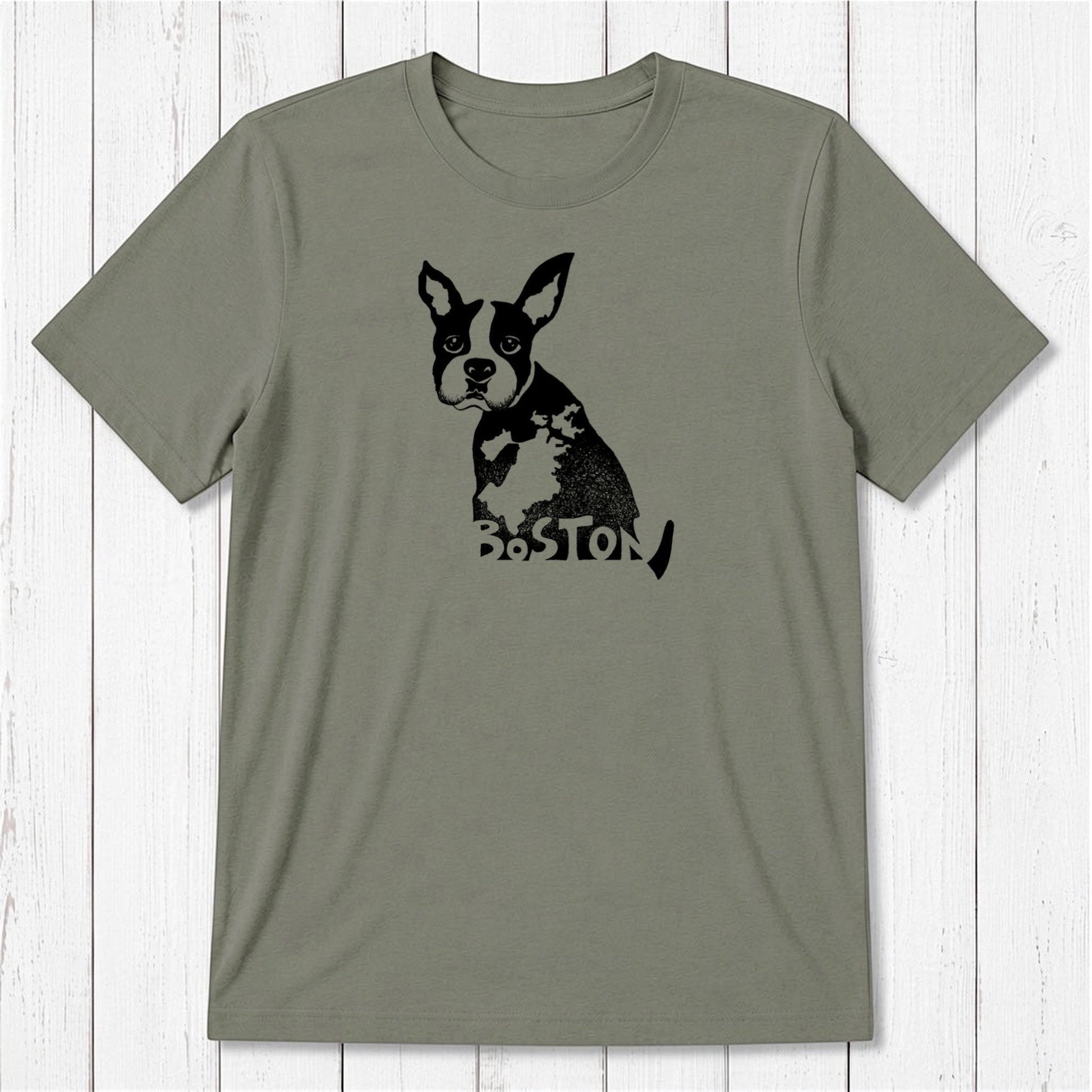 Olive green Boston Terrier T-shirt for men in sustainable bamboo and organic cotton, featuring a black dog graphic and Boston city pride design.