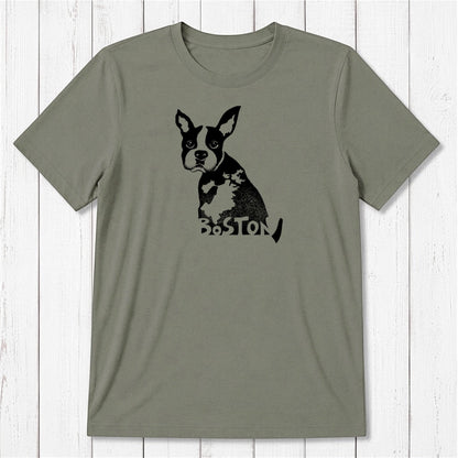 Olive green Boston Terrier T-shirt for men in sustainable bamboo and organic cotton, featuring a black dog graphic and Boston city pride design.