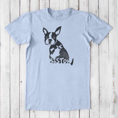 Light blue men's Boston Terrier T-shirt in bamboo and organic cotton, with black dog illustration and 'Boston' text, ideal Massachusetts souvenir.