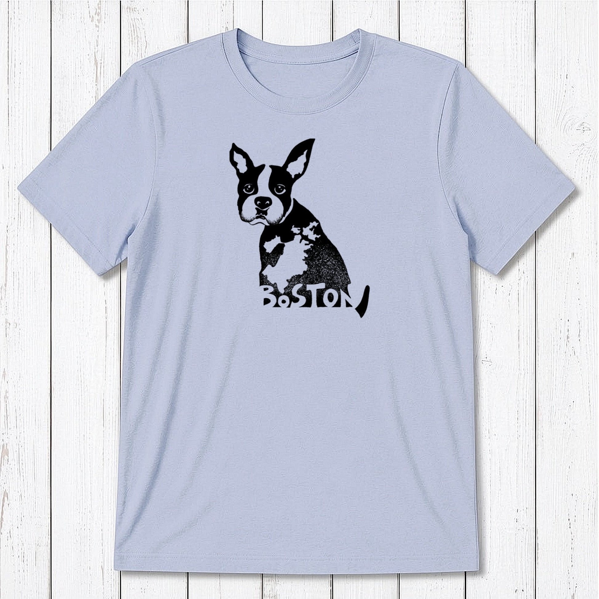 Light blue men's Boston Terrier T-shirt in bamboo and organic cotton, with black dog illustration and 'Boston' text, ideal Massachusetts souvenir.
