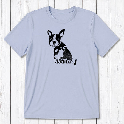 Light blue men's Boston Terrier T-shirt in bamboo and organic cotton, with black dog illustration and 'Boston' text, ideal Massachusetts souvenir.
