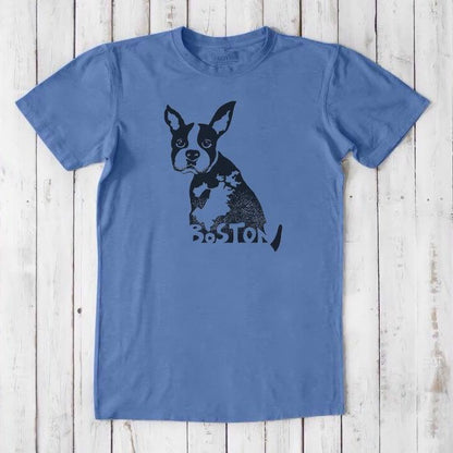 Royal blue Boston Terrier graphic T-shirt for men, crafted from bamboo and organic cotton, featuring a black dog print and Boston lettering.