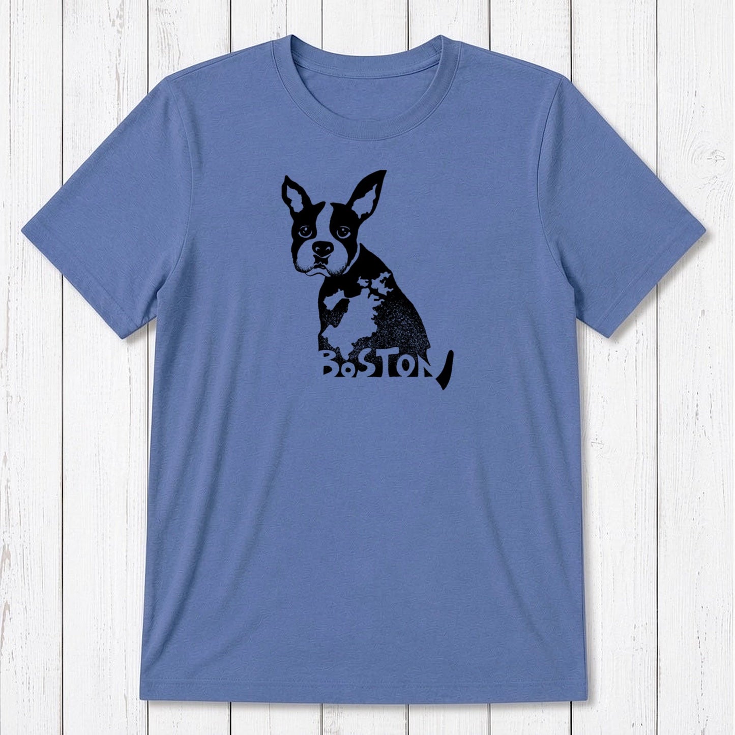 Royal blue Boston Terrier graphic T-shirt for men, crafted from bamboo and organic cotton, featuring a black dog print and Boston lettering.