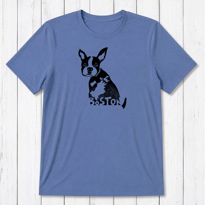 Royal blue Boston Terrier graphic T-shirt for men, crafted from bamboo and organic cotton, featuring a black dog print and Boston lettering.