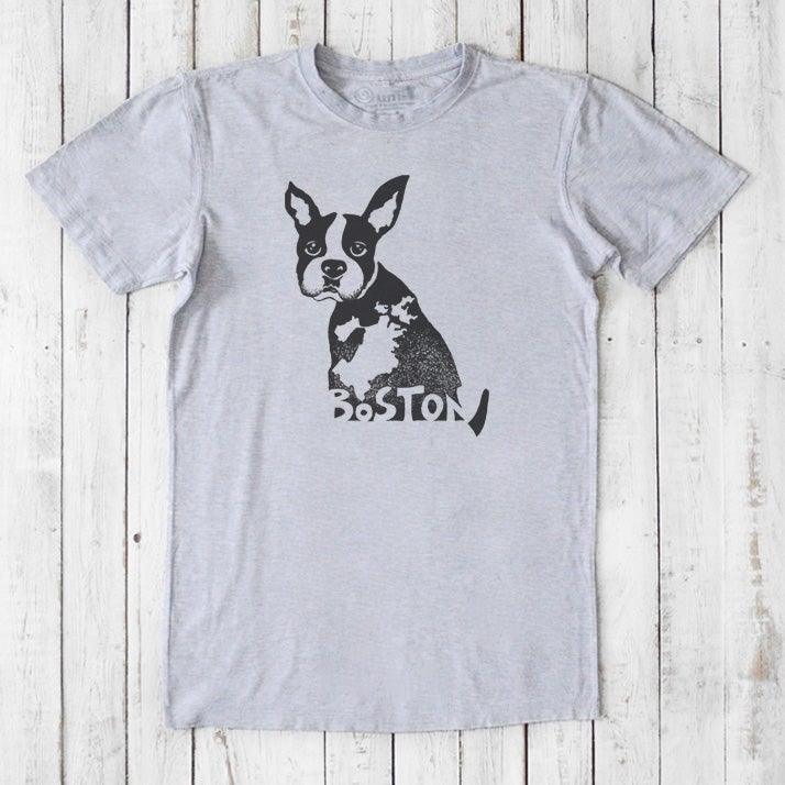 Heather gray Boston Terrier men's T-shirt in bamboo and organic cotton blend, showcasing a black dog graphic and Boston-themed design.