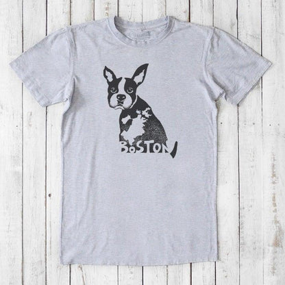 Heather gray Boston Terrier men's T-shirt in bamboo and organic cotton blend, showcasing a black dog graphic and Boston-themed design.