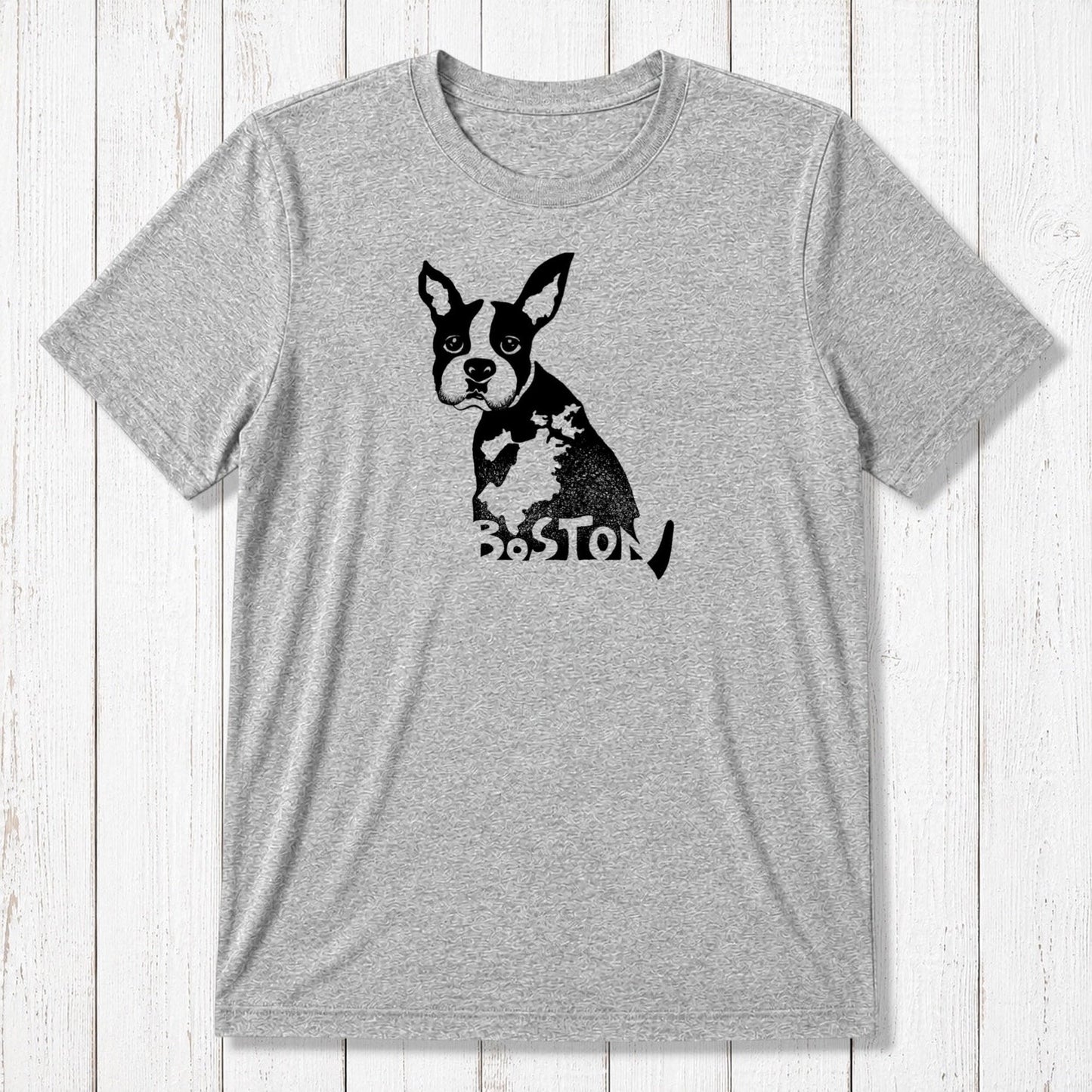 Heather gray Boston Terrier men's T-shirt in bamboo and organic cotton blend, showcasing a black dog graphic and Boston-themed design.