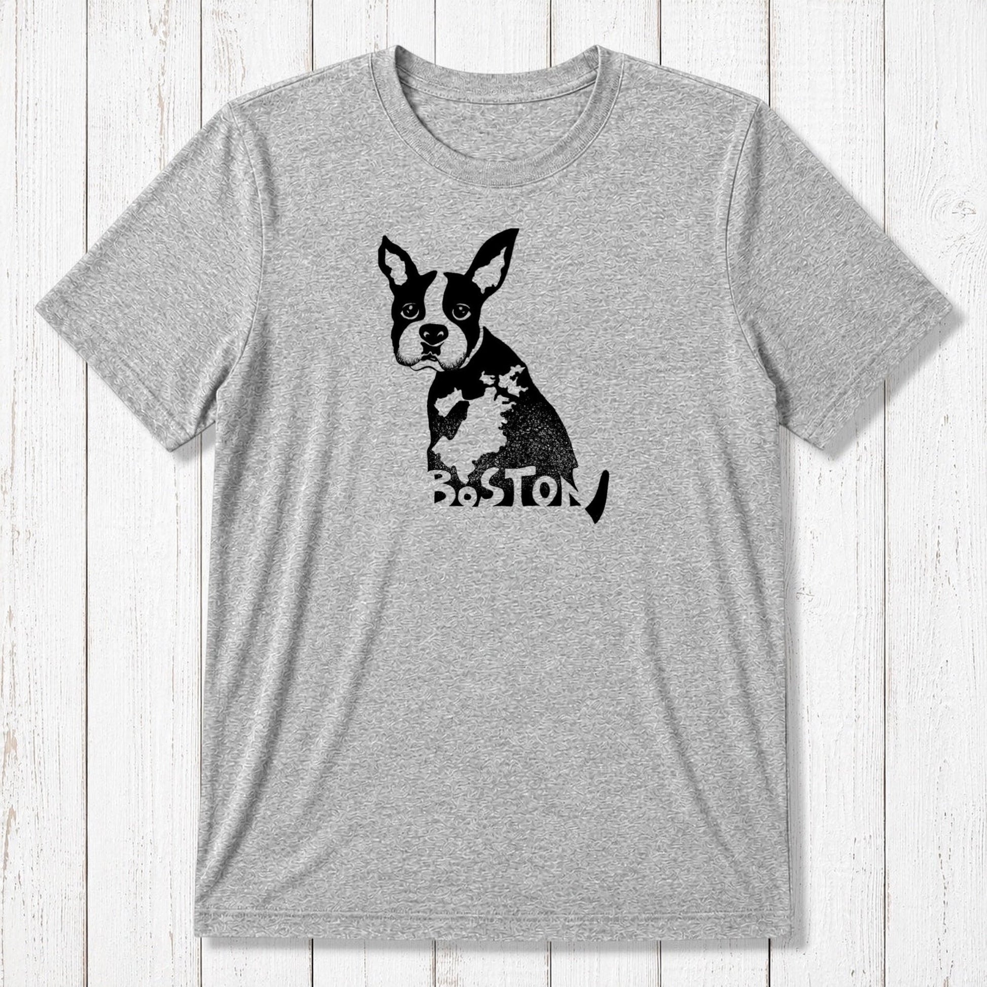 Heather gray Boston Terrier men's T-shirt in bamboo and organic cotton blend, showcasing a black dog graphic and Boston-themed design.