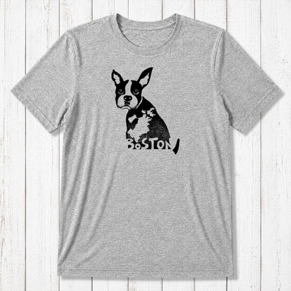 Heather gray Boston Terrier men's T-shirt in bamboo and organic cotton blend, showcasing a black dog graphic and Boston-themed design.