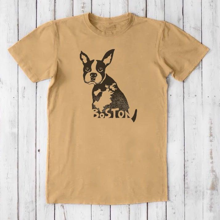 Mustard yellow men's Boston Terrier T-shirt made from bamboo and organic cotton, with a black dog graphic and Boston pride design.