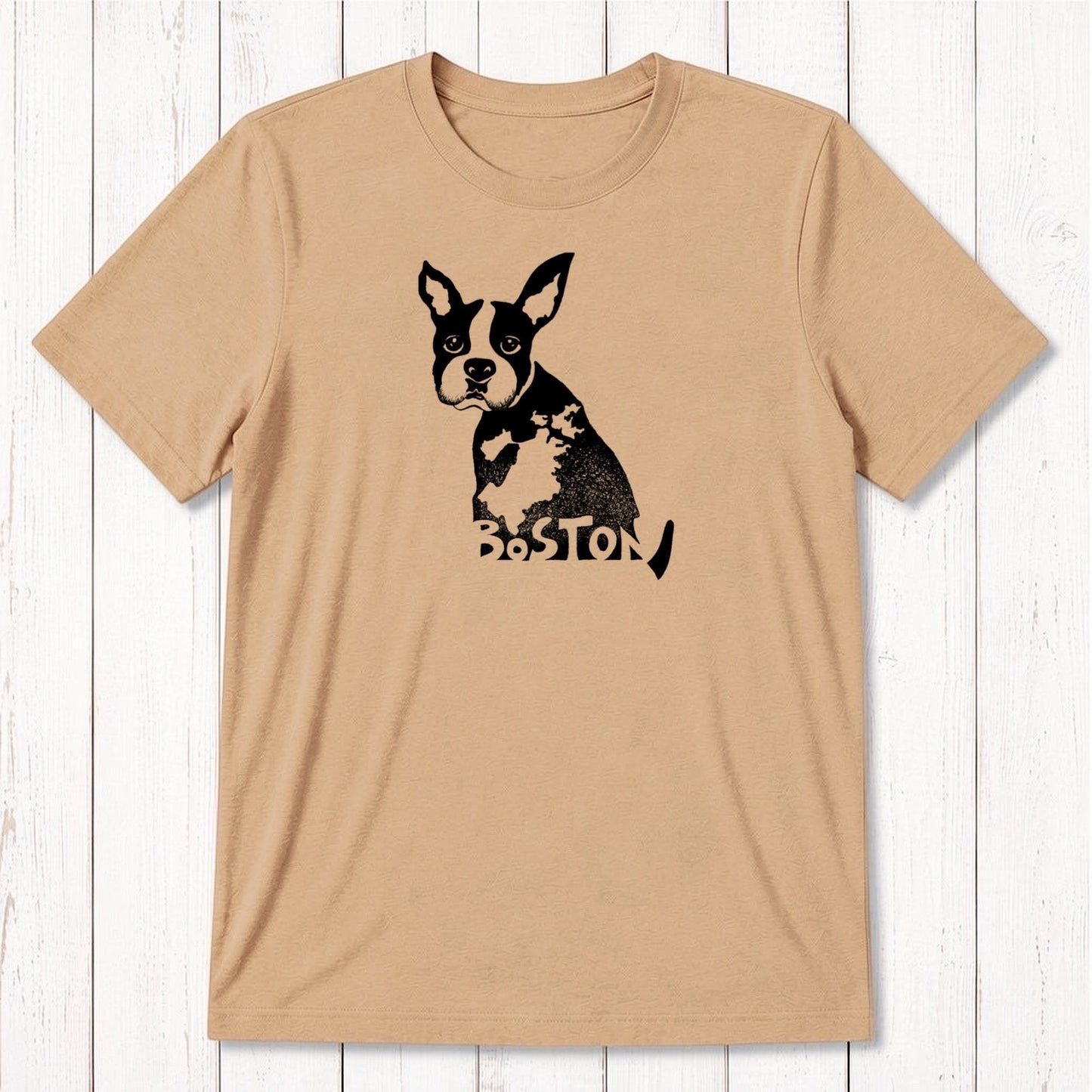 Mustard yellow men's Boston Terrier T-shirt made from bamboo and organic cotton, with a black dog graphic and Boston pride design.