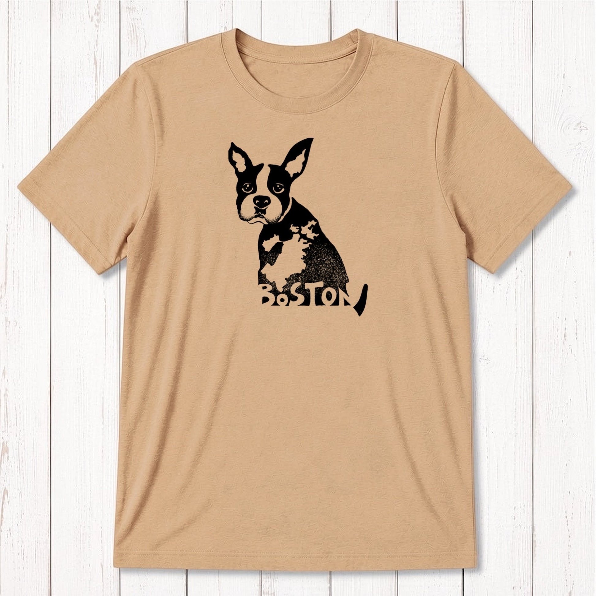 Mustard yellow men's Boston Terrier T-shirt made from bamboo and organic cotton, with a black dog graphic and Boston pride design.