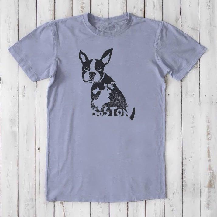 Lavender men's Boston Terrier graphic tee in bamboo and organic cotton, with black dog print and 'Boston' text, ideal for dog lovers.
