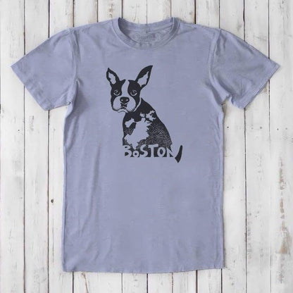 Lavender men's Boston Terrier graphic tee in bamboo and organic cotton, with black dog print and 'Boston' text, ideal for dog lovers.
