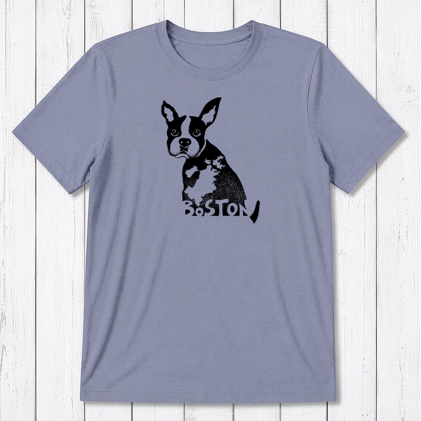 Lavender men's Boston Terrier graphic tee in bamboo and organic cotton, with black dog print and 'Boston' text, ideal for dog lovers.