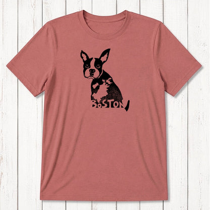 Brick red Boston Terrier T-shirt for men in bamboo and organic cotton, featuring a black dog graphic and Boston-themed design.