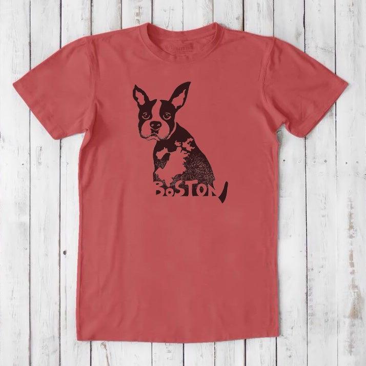 Red men's Boston Terrier T-shirt made from bamboo and organic cotton, with a black dog illustration and Boston pride lettering.